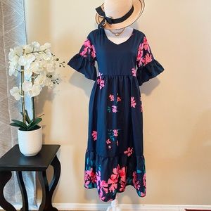 Navy blue elbow puff huge print floral dress- new mini